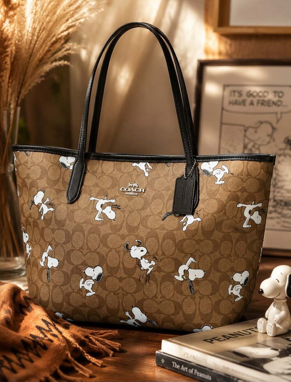 Coach x Peanuts Snoopy City Tote Signature Coated Canvas Brown Black Rare - Picture 2 of 16